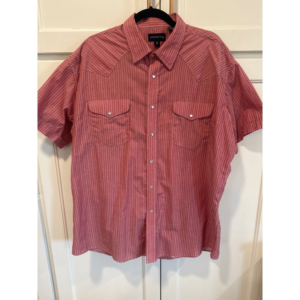 Panhandle Slim Mens Red Pinstripe Pearl Snap Western Shirt XL Short Sleeve VTG